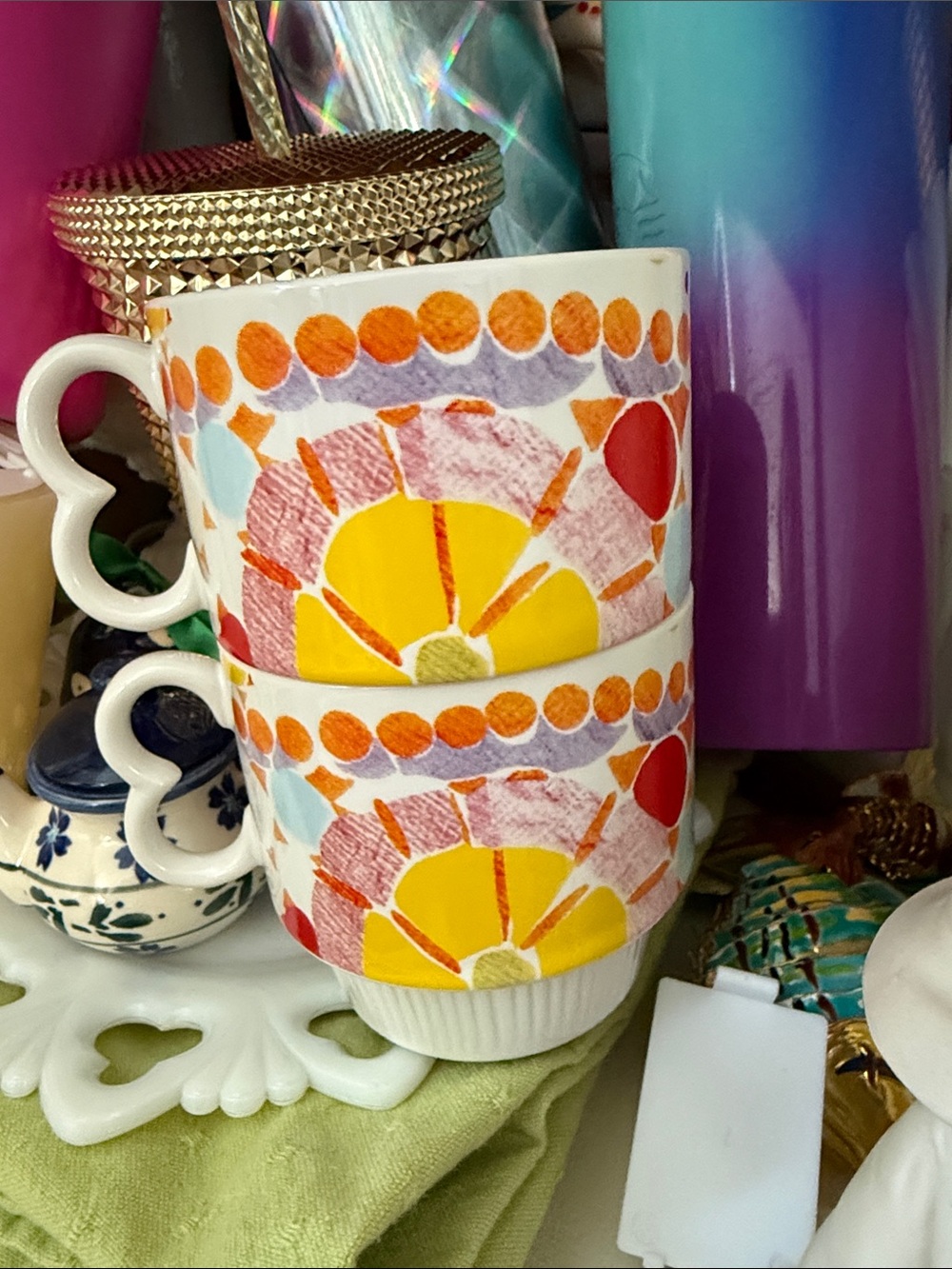 Colorful Polka Dot Ceramic Mug with Heart Handle - Set of 2 - Stackable